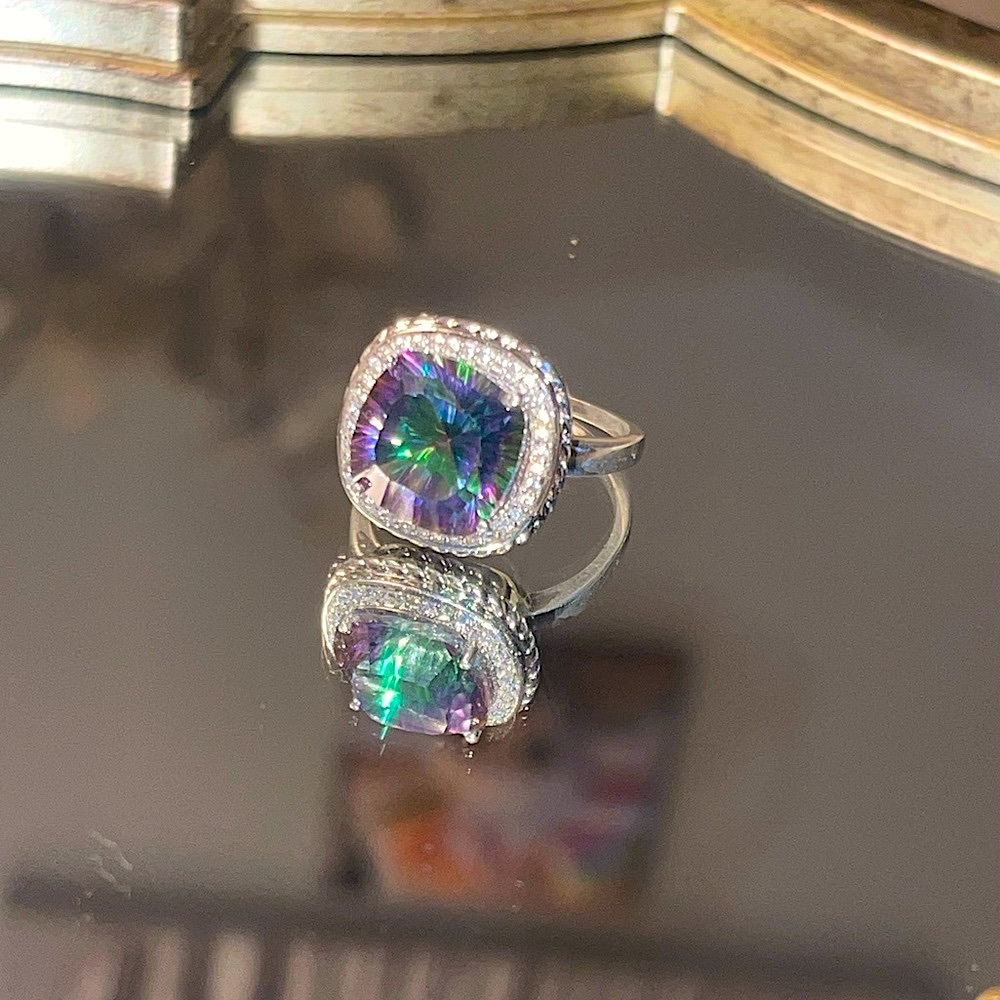 NEW 5+kt Square Mystic Topaz Ring surrounded by CZ Halo Sterling Silver 8.5 9